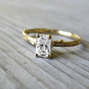 Size 5.25 White sapphire/twig engagement Ring 14k yellow gold Kristin Coffin